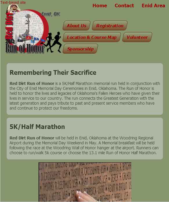 Red Dirt Run of Honor website screen shot mobile 600 pixels wide